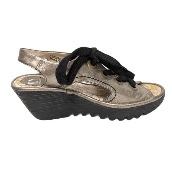 FLY LONDON Ylva Metallic Leather Wedge Sandals 38 - Picture 5 of 13